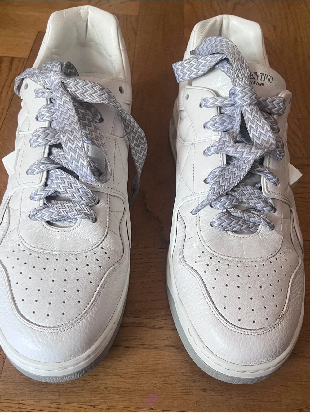 Valentino Garavani White Leather Sneakers with Gray Chevron Laces